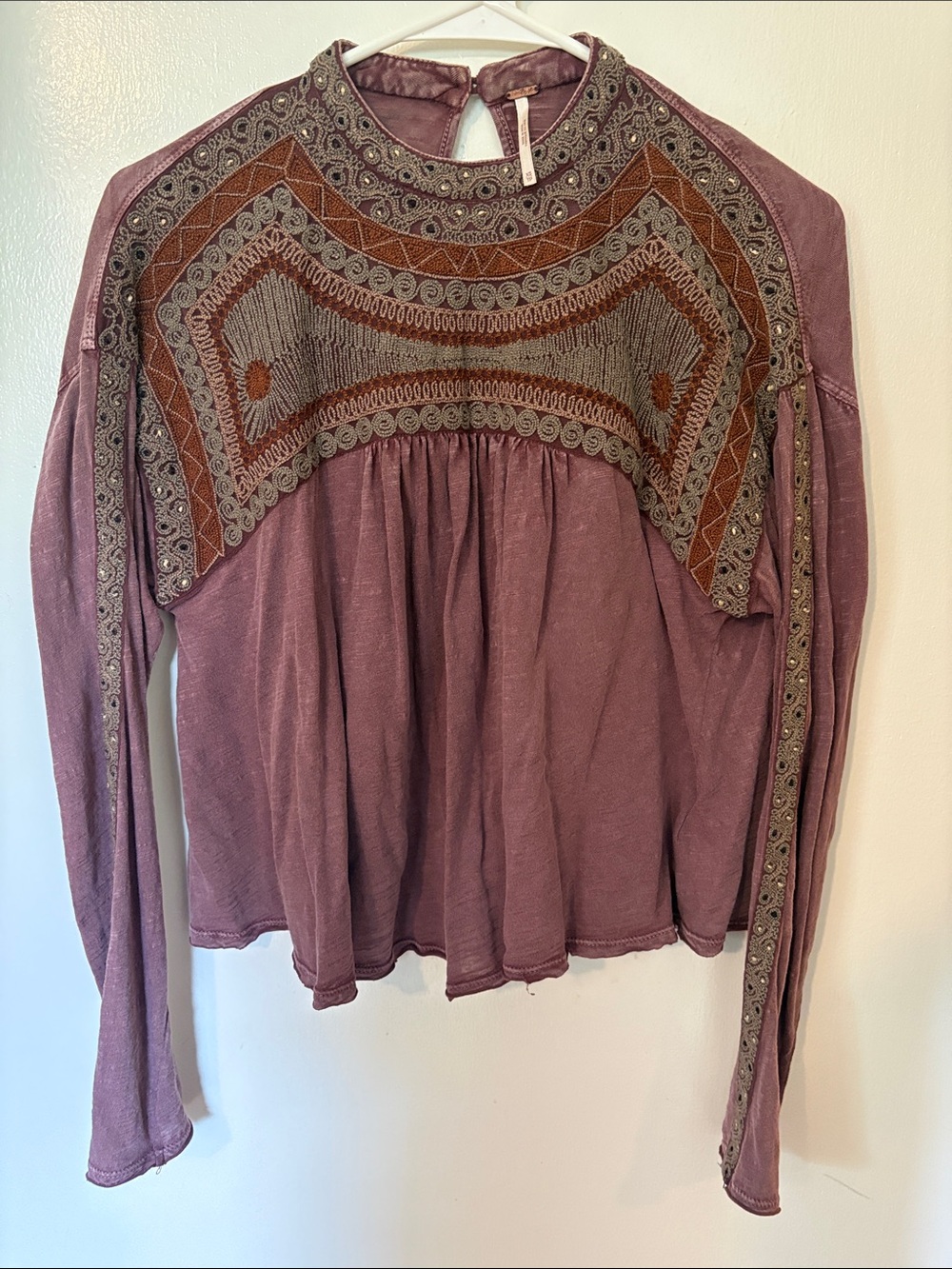 Free People Dusty Mauve Embroidered Boho Blouse